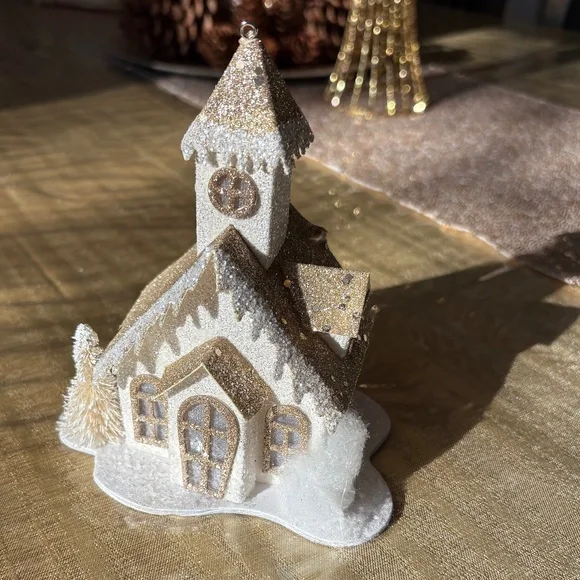 Pier 1 Gold and White Glitter Light-Up Church - Picture 5 of 6